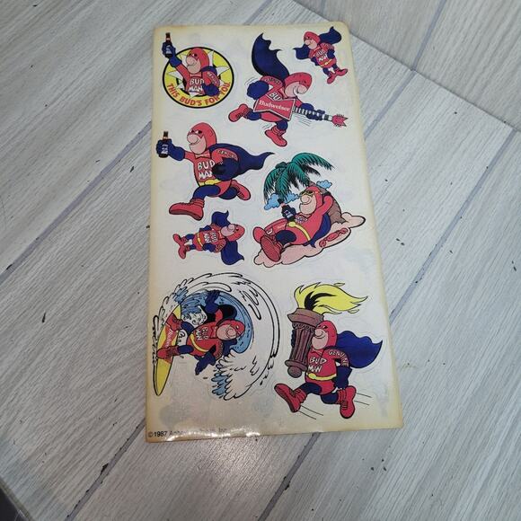 Vtg 1987 Set Of 5 Bud Man Sticker Sheets 1 Sticker Missing Beer Mancave Bar - Picture 3 of 4